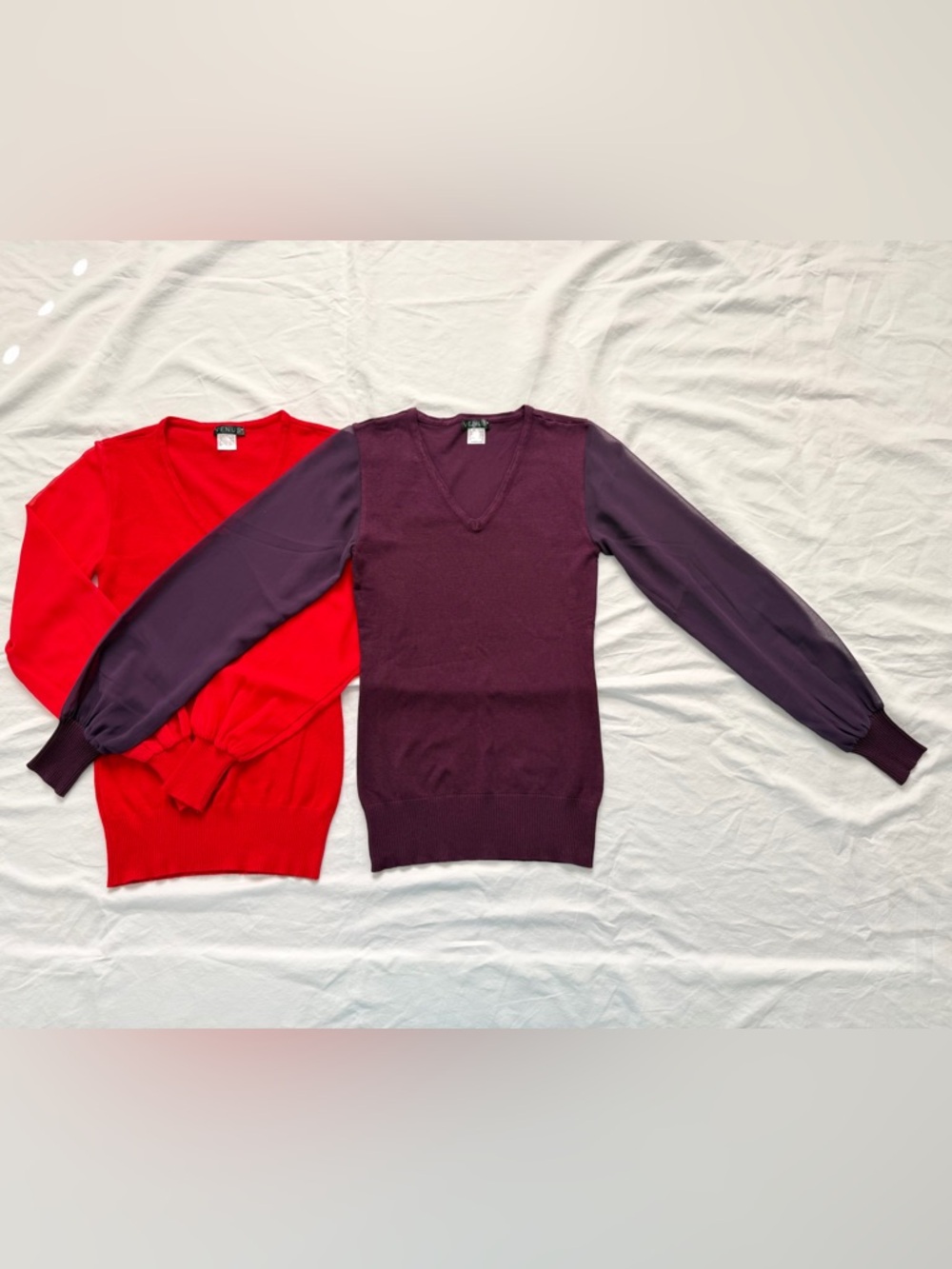 VENUS Bundle | 2 Sheer Sleeve Stretch Knit V-Neck Sweaters | Red & Purple | XS - Picture 5 of 16